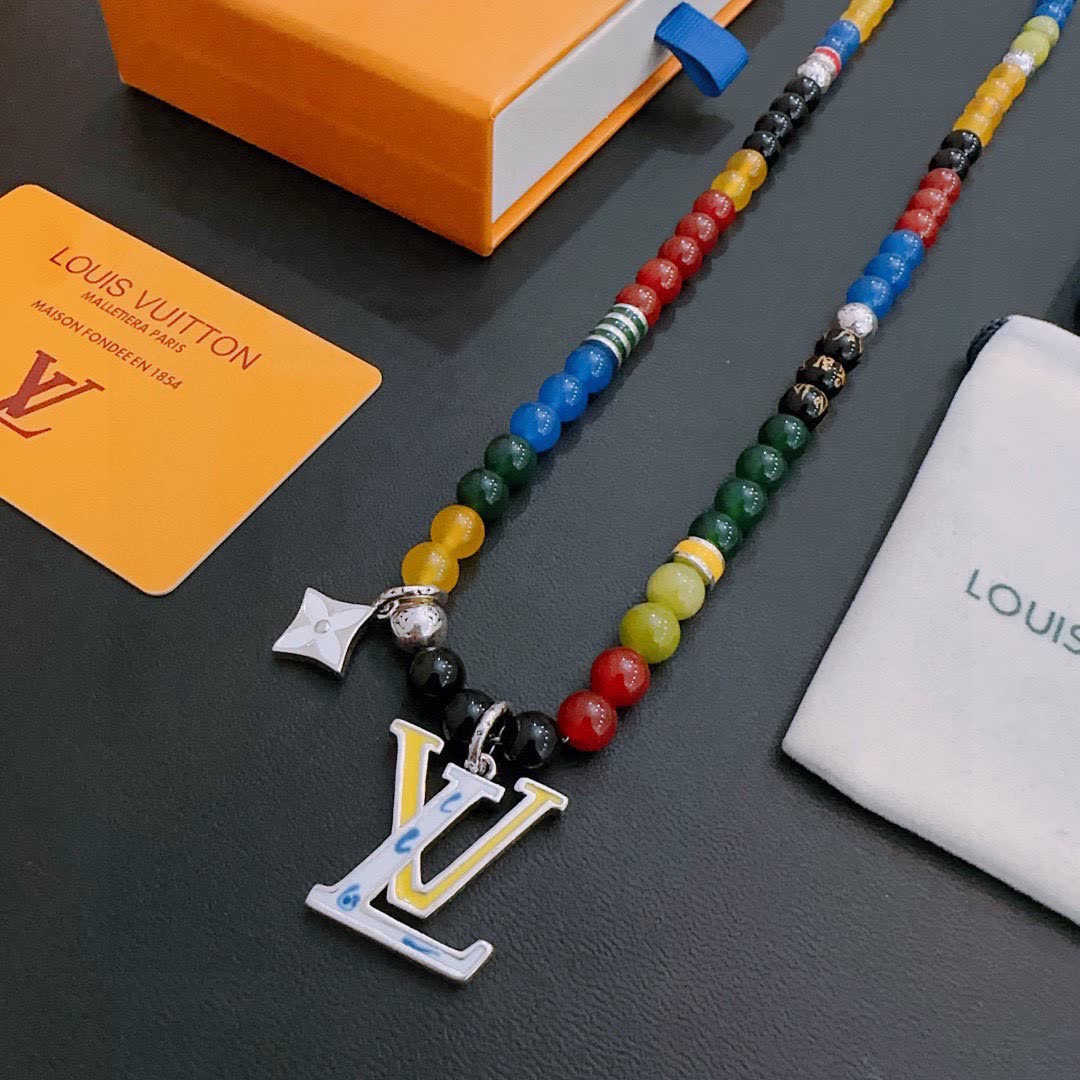 Louis Vuitton Beaded Necklace with Logo Pendant